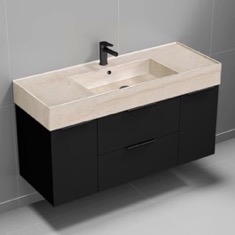 Floating Black Bathroom Vanity, Modern, 48 inch, Travertine Style Sink
